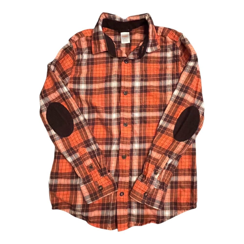 Gymboree VGUC Orange Tartan Flannel with Professor Patches. Size 12